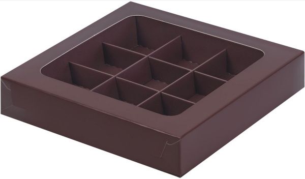 коробка бум. 155х155х30 для 9 конфет шоколад матовая с окном