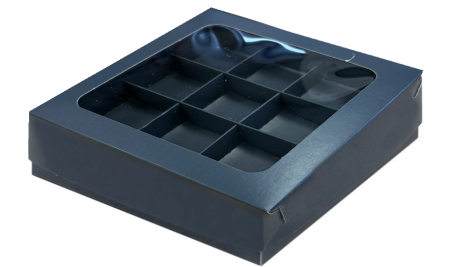 коробка бум. 155х155х30 для 9 конфет графит с окном